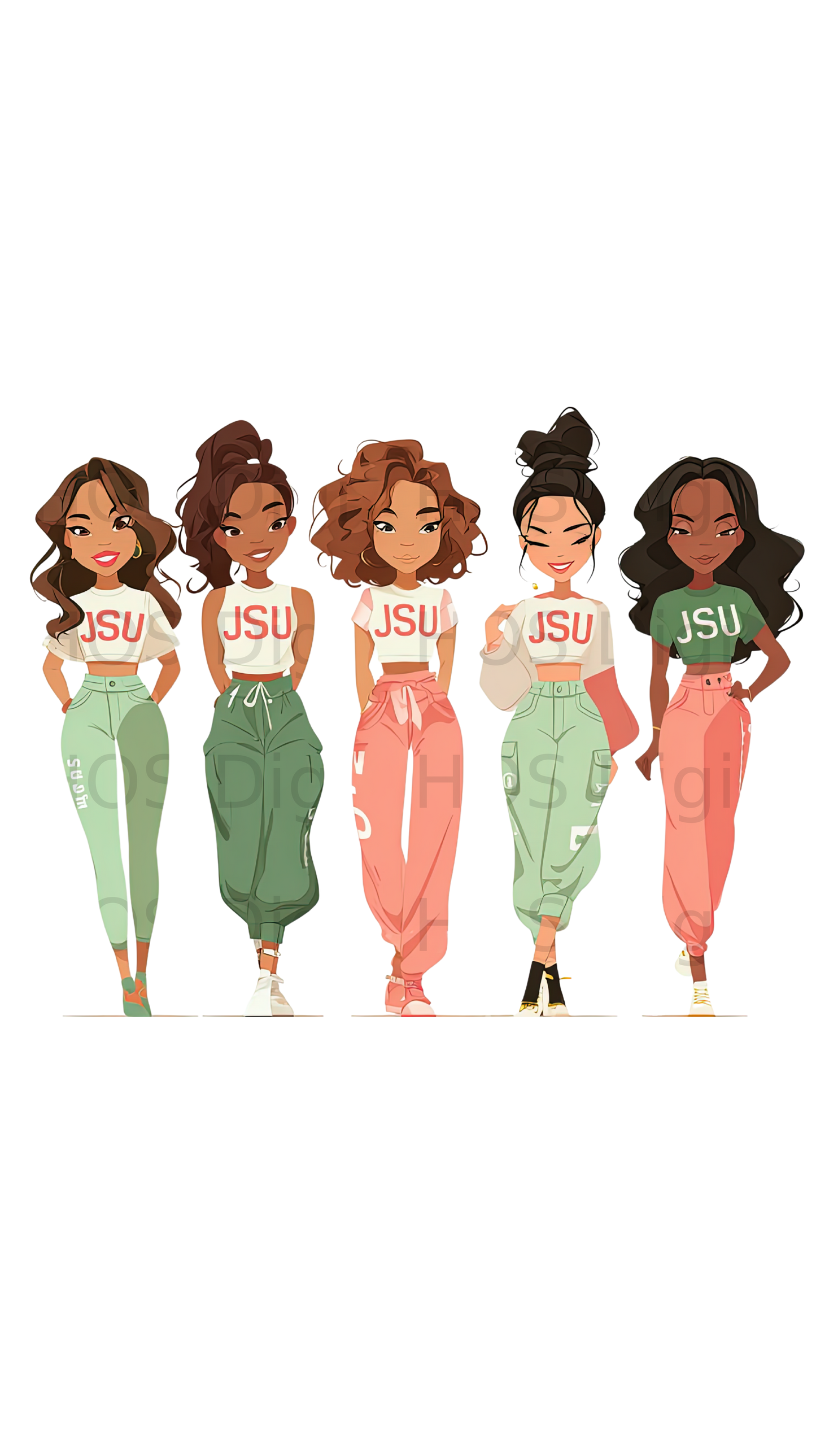 Five young women in casual outfits with "JSU" on their tops.