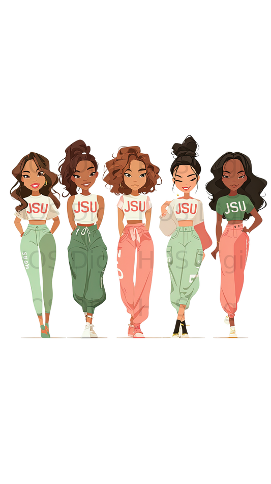 Five young women in casual outfits with "JSU" on their tops.