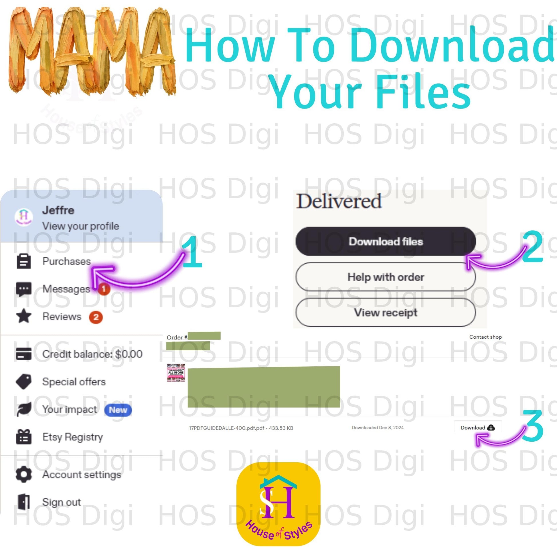 Tutorial screenshot showing how to download Etsy files, with download and receipt buttons.