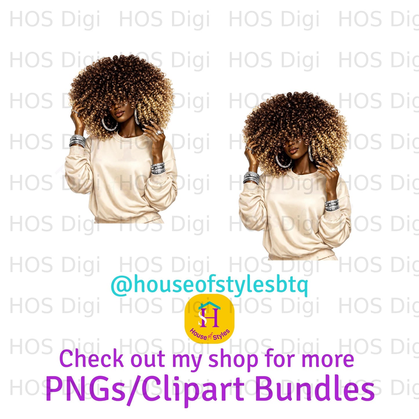 Two women with curly hair, text "PNGs/Clipart Bundles" and "@houseofstylesbtq".