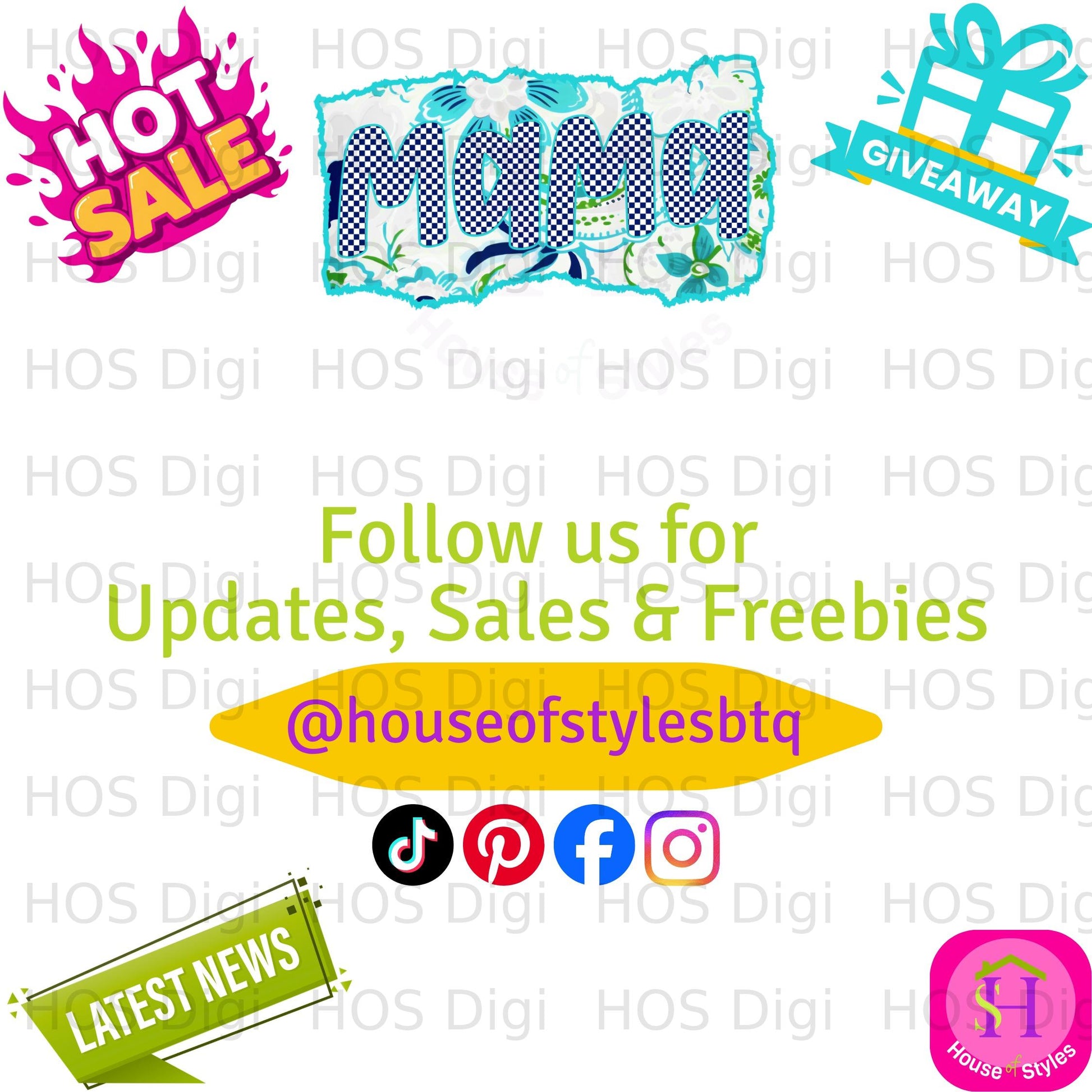 "Mama" graphic with "Hot Sale" and "Giveaway" banners and social media icons.