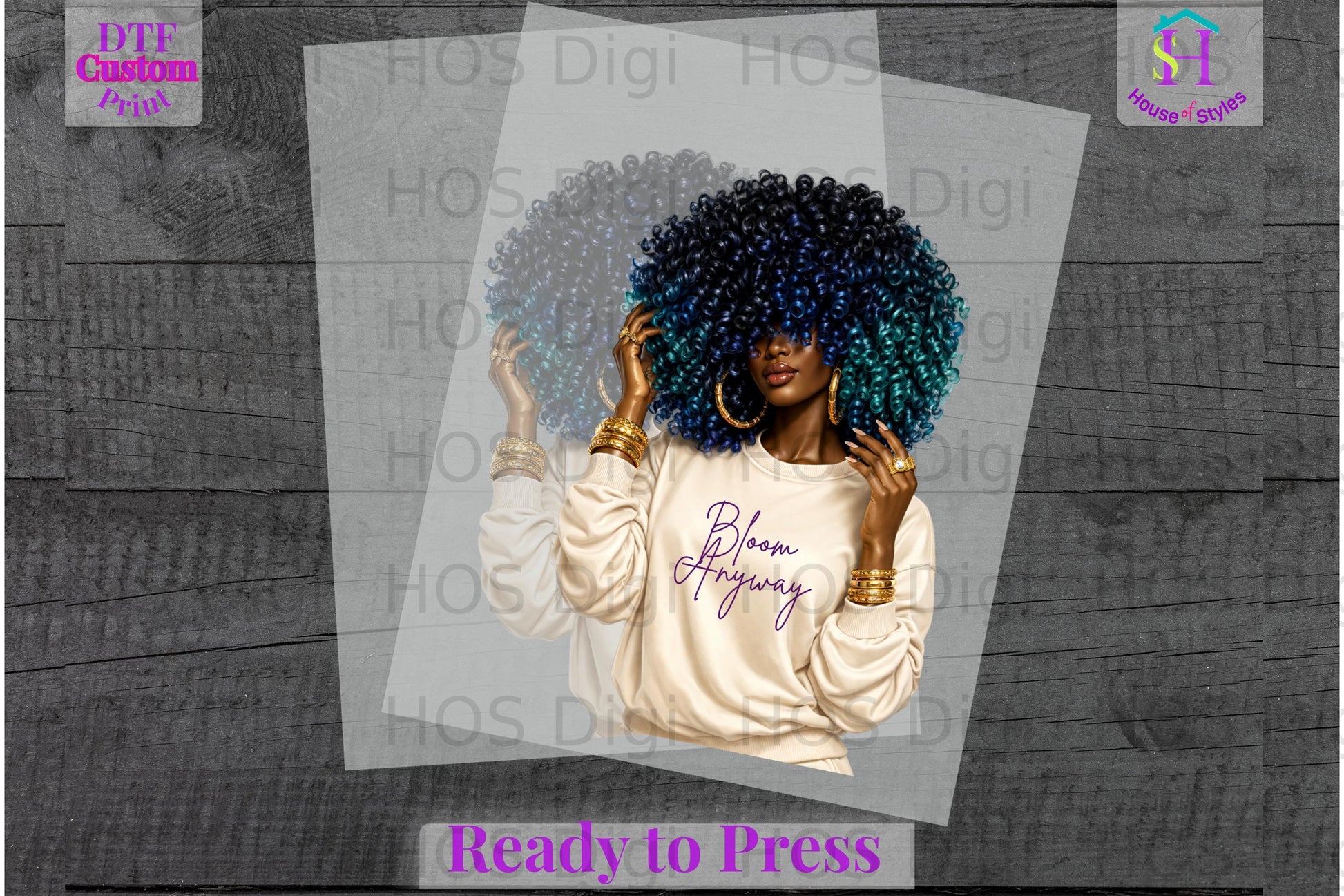 Woman with colorful curly hair wearing "Bloom Anyway" sweatshirt.