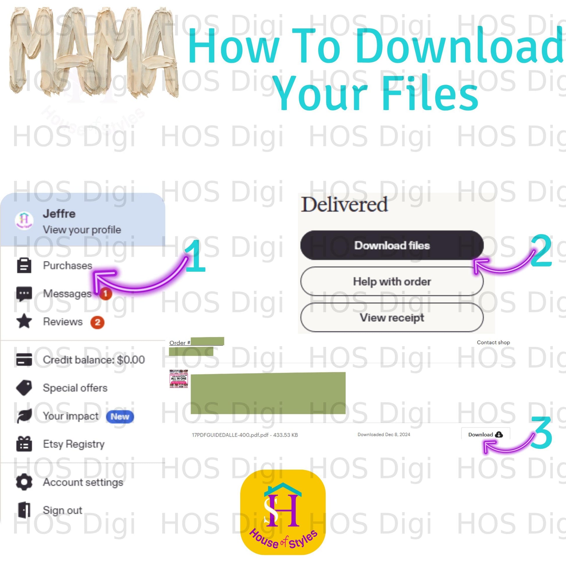 Screenshot of Etsy download page with "MAMA" graphic and download file button.