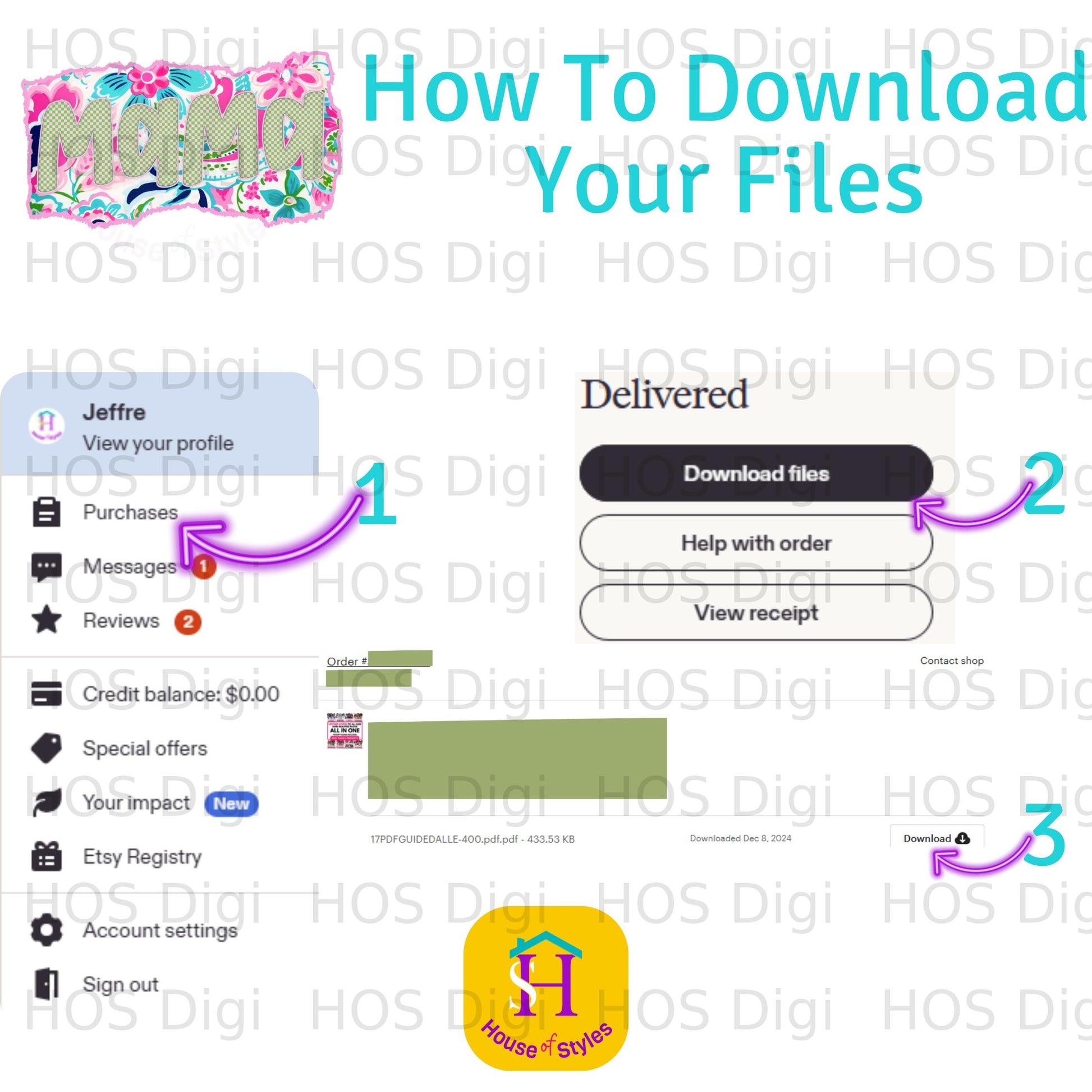 Instructions for downloading files from an Etsy account, showing order details.