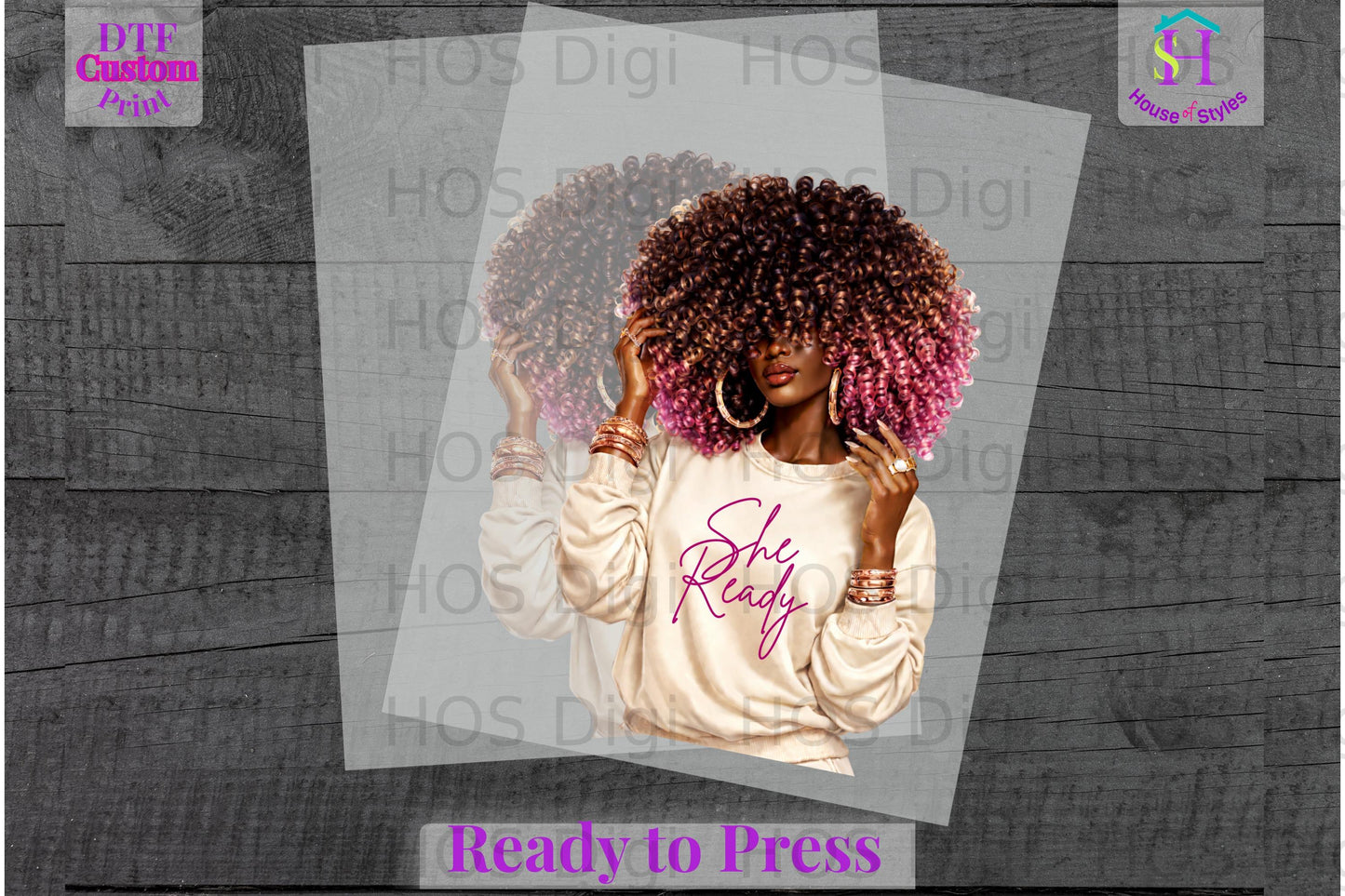 Woman with afro, wearing "She Ready" sweatshirt, with "Ready to Press" banner.